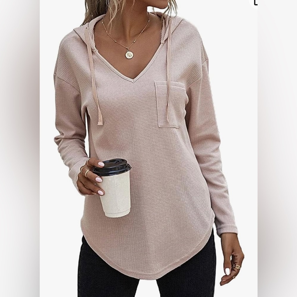 Morhuduck V Neck Hoodie Long Sleeve Sweatshirt Drawstring Apricot Women XL NWT